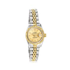 Pre-Owned Rolex Datejust Women's 26mm Automatic Stainless Steel, 18kt Yellow Gold Watch. C. 1987. Experience the renowned luxury of a pre-owned Rolex with this Datejust women's watch. The timepiece features Swiss automatic movement, synthetic sapphire crystal, 26mm case, 18kt yellow gold crown and bezel, ivory jubilee dial, and stainless steel and 18kt yellow gold jubilee bracelet with a foldover clasp. Water-resistant up to 100M. Pre-owned Rolex 18kt yellow gold and stainless steel watch. Ross- Womens Luxury Watch, Rolex Datejust Women, Rolex Watches Women, Rolex Women, Womens Watches Luxury, Vintage Rolex, Pre Owned Rolex, Gold Crown, Women's Watch