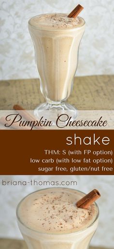 pumpkin cheesecake shake in a glass with cinnamon sticks