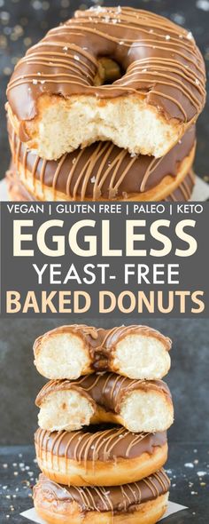 eggless yeast - free baked donuts with chocolate glaze are stacked on top of each other