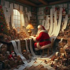 a santa clause sitting at a desk surrounded by presents