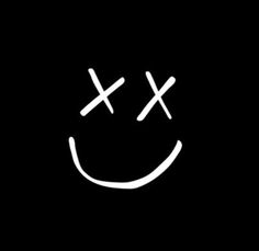 a smiley face with two crosses drawn on it's forehead in the middle of black background