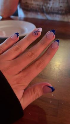 Nail inspo, fall, bow, nail art, french tip Fun French Tips Short Nails, Cute Nails Royal Blue, Hoco Almond Nail Ideas, Blue Nail Designs Natural Nails, Nail Ideas Gel X Almond, Nails Feminine, Cute Nail Ideas For Fall Simple, Nail Inspo Winter 2024, Blue Nails Inspo Short