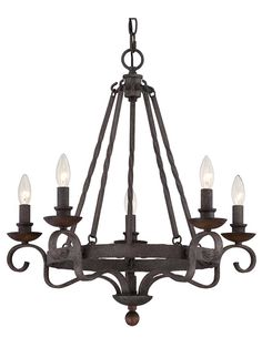 an iron chandelier with five lights hanging from the bottom and one light on top