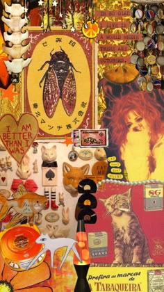 a collage of various items including buttons, magnets, and other decorative objects