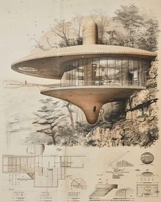 an architectural drawing of a house on top of a cliff