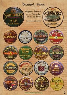 an old poster with many different types of beer bottle caps on the front and back