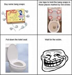 four different types of toilet paper with caption sayings and pictures on them, including an image of a trolly face next to the toilet