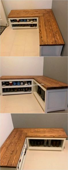 three pictures of the inside of a kitchen cabinet with drawers and shelves on each side