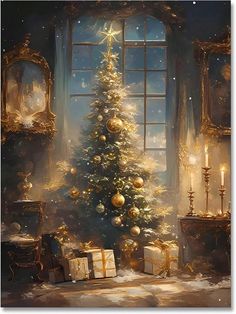 a painting of a christmas tree in front of a window with presents on the floor