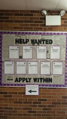 a brick wall with a bulletin board attached to it that says help wanted apply within