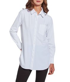 Our popular, legging-friendly Schiffer Button Down â€“ made from soft, 4x-stretch Microfiber â€“ is a collared long-sleeved shirt that tails longer in the back than front and offers a neat, rounded raw-cut hem. It resists wrinkles and travels wonderfully. Flaunt this classic, legging-friendly shirt with denim leggings, ankle boots and a faux leather jacket. Material: Microfiber Bootleg Jeans, Black Button Down Shirt, White Button Down Shirt, Faux Leather Moto Jacket, Denim Leggings, Collar Dress, Easy Wear, Quality Clothing, Black Shirt