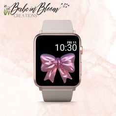 an apple watch with a pink bow on the front, and text below it that reads bake in bloom creations