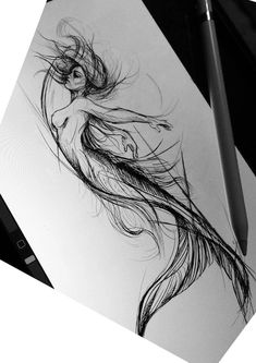 a pencil drawing of a woman's head with long hair and flowing waves on paper