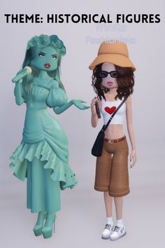 there are two dolls standing next to each other with the caption's name below them