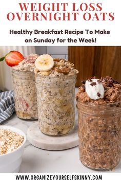 three mason jars filled with oatmeal and bananas