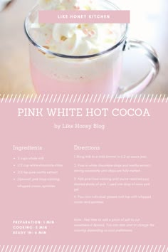 pink hot cocoa in a glass mug with whipped cream on top and the recipe below