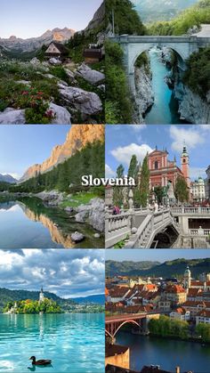 four different pictures with the name slovvenia in them and some buildings on each side