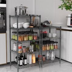 a metal rack filled with lots of food and condiments next to a microwave