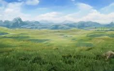 an artist's rendering of a grassy field with mountains in the distance and blue sky above