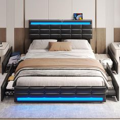 a bed with blue lights on the headboard and foot board, in a bedroom