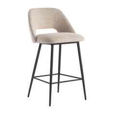 an upholstered bar stool with black legs and a light colored fabric seat, viewed from the front