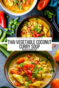 thai vegetable coconut curry soup in two bowls