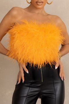 Dream Daze Orange Feather Bandeau Crop Top – Club L London - USA Fluffy Top, Orange Dream, Velvet Prom Dress, Bridal Bachelorette Party, Club L London, Bachelorette Party Outfit, Bandeau Crop Top, Black Tie Gala, Blue Feather