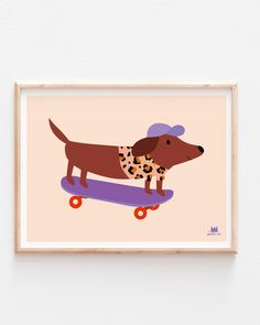 a dog on a skateboard with a hat and scarf