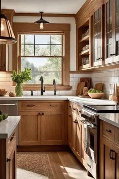 This kitchen highlights the beauty of natural wood. Exposed beams, paneled cabinets, and brass accents create a rustic vibe. The classic appliances blend seamlessly into the design. This idea shows how to use wood in kitchen renovation projects. Modern Traditional Kitchen, Oak Kitchen Cabinets, Rustic Kitchen Design, Oak Kitchen, Exposed Beams, Countertop Materials, Cabinet Colors, Traditional Kitchen, Renovation Project