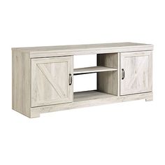 a white wooden entertainment center with sliding doors