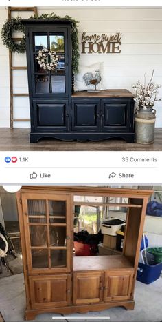 the before and after shots of an old china cabinet