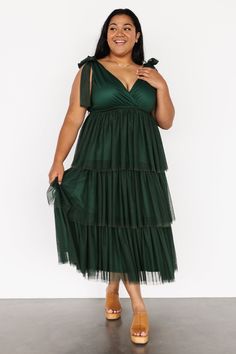 Tessa Tiered Tulle Tank Dress | Dark Green - Baltic Born Formal Dresses For A Wedding Guest, Plus Size Tiered Dress, Semi Formal Wedding Attire Plus Size, Plus Size Formal Wedding Guest Dress, Plus Size Semi Formal Outfits Wedding, Plus Size Semi Formal Dress, Formal Wedding Guest Dress Plus Size, Green Midi Dress Wedding, Black Tie Wedding Guest Dress Plus Size