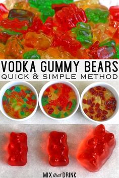 three bowls filled with gummy bears next to each other