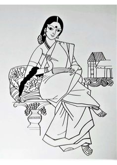 a drawing of a woman sitting on the ground holding a bowl and pot with food in it