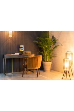 a desk and chair in a room next to a potted plant with a mirror on the wall