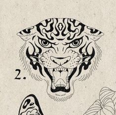 the tiger's head is drawn in black ink and has two different designs on it