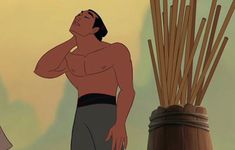 an animated image of a man standing next to bamboo sticks and looking up at the sky