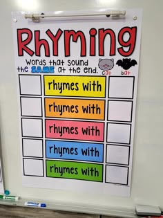 a white board with words that say rhyming