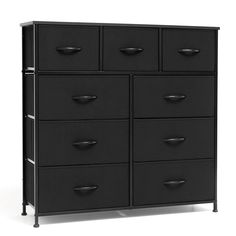 a black cabinet with six drawers and two doors