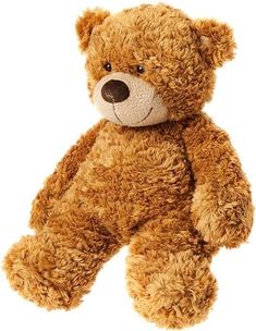 a brown teddy bear sitting up against a white background