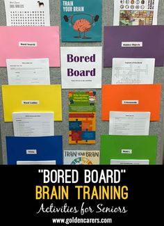 a bulletin board with several books on it and the text bored board brain training activities for seniors