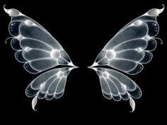 two white wings with bubbles on them against a black background in the shape of a butterfly