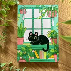 a black cat sitting on top of a wooden table next to potted plants and a window