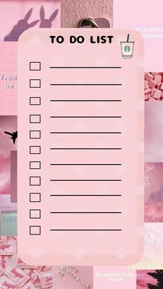 a pink to do list with lots of things in the background and a heart on it