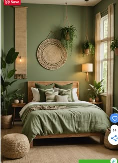 a bed room with a neatly made bed and green walls