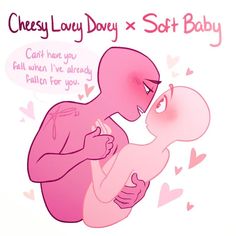 a pink cartoon character holding a baby in her arms with the caption cheesy lady dovey x soft baby can't have you fall when i've already fallen for you