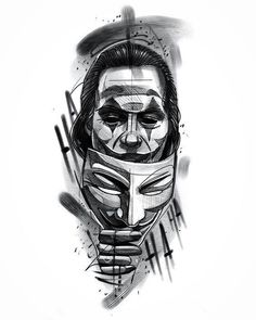 a black and white drawing of a man with a mask on it's face