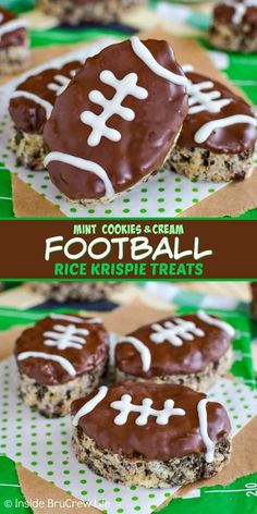 cookies and cream football rice krispie treats on a green tablecloth with white dots