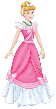 the princess in her pink dress is standing on a pink background with white trimmings