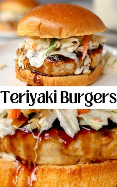 two stacked photos of the chicken teriyaki burgers Teriyaki Chicken Burgers, Teriyaki Chicken Burger, Chicken Burger Topping Ideas, Grilled Ground Chicken Burgers, Chicken Burger Toppings, Asian Chicken Burgers, Teriyaki Turkey Burger, High Protein Sliders, Ground Chicken Sliders